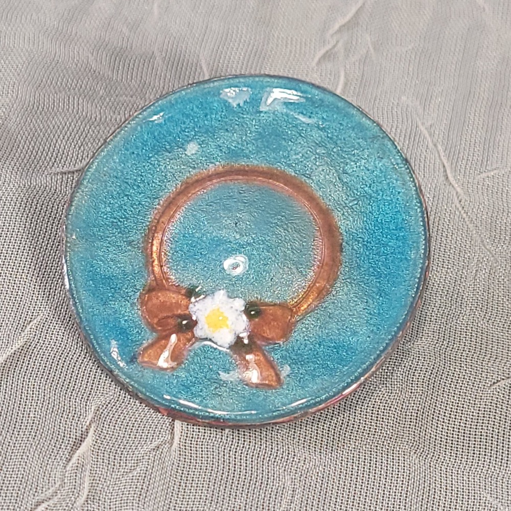Solid Copper Enamel Hat Brooch Pin Blue Turquoise Daisy Flower Artisan Jewelry